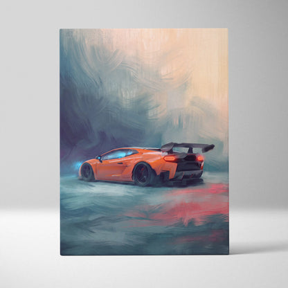 Custom lamborghini huracán inspired automotive wall art featuring vibrant orange sports car with glowing taillights and black spoiler