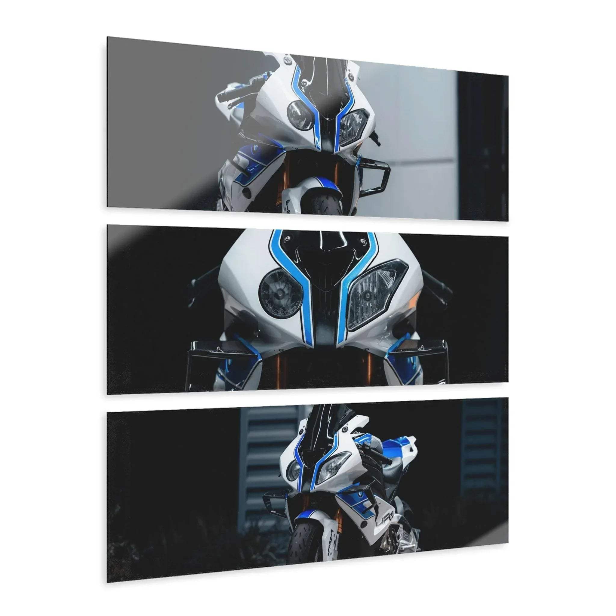 Three-piece BMW S1000RR motorcycle canvas art with black, white, and blue accents in horizontal wall art panels.