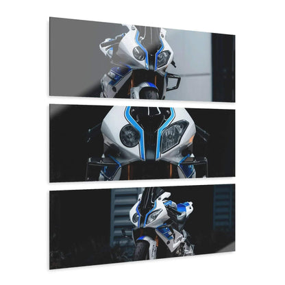 Three-piece BMW S1000RR motorcycle canvas art with black, white, and blue accents in horizontal wall art panels.