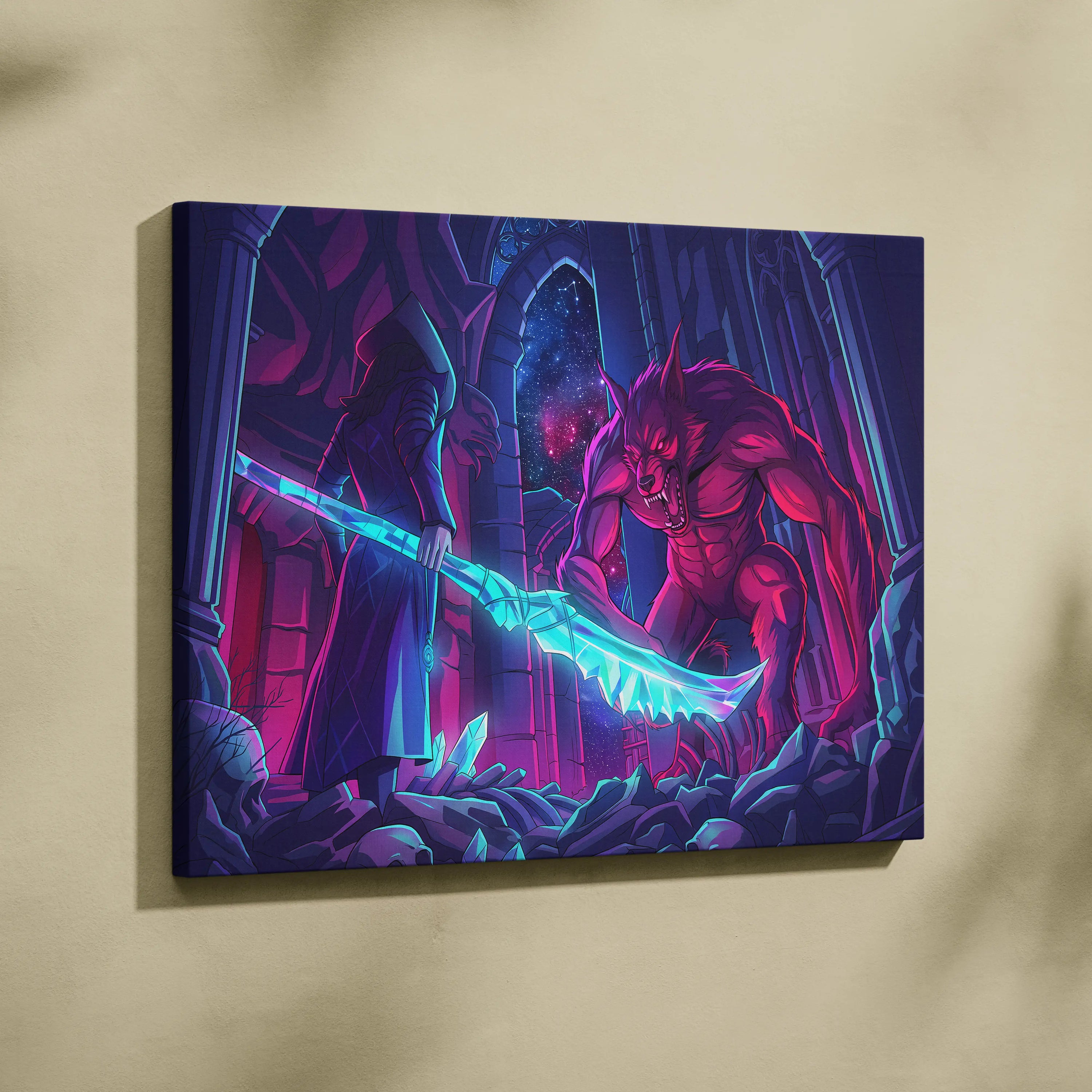 Vaporwave Neon Wolf Canvas - Vaporwave Wolf Neon Pink Purple Blue LivingRoom Retro Dreamy Mood Nostalgic Aesthetic Canvas