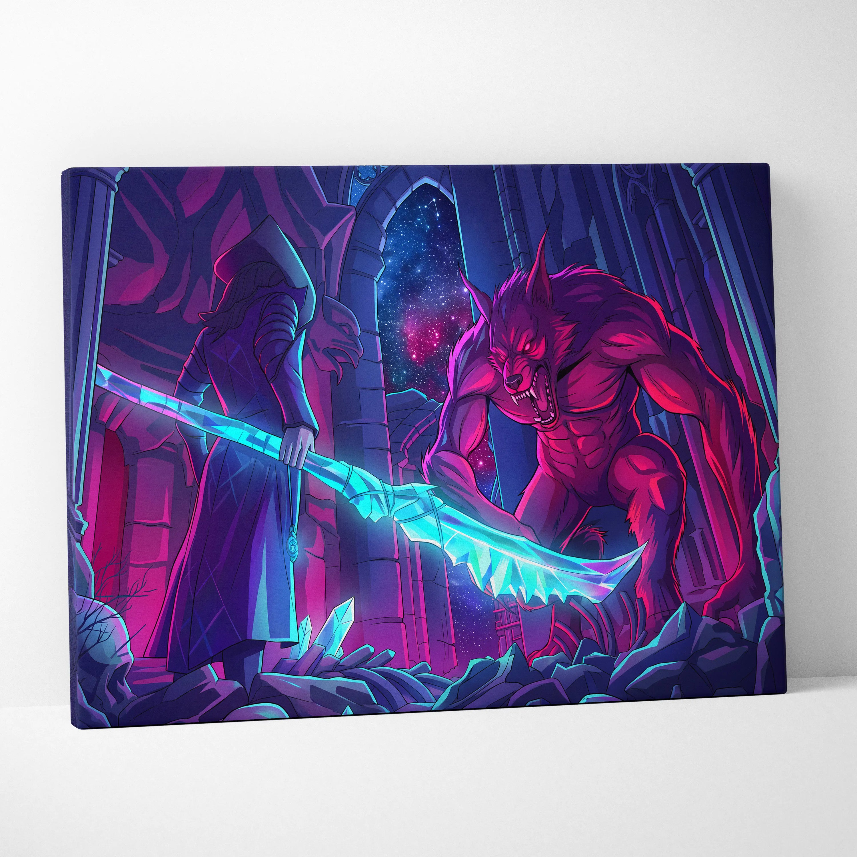 Vaporwave Neon Wolf Canvas - Vaporwave Wolf Neon Pink Purple Blue LivingRoom Retro Dreamy Mood Nostalgic Aesthetic Canvas