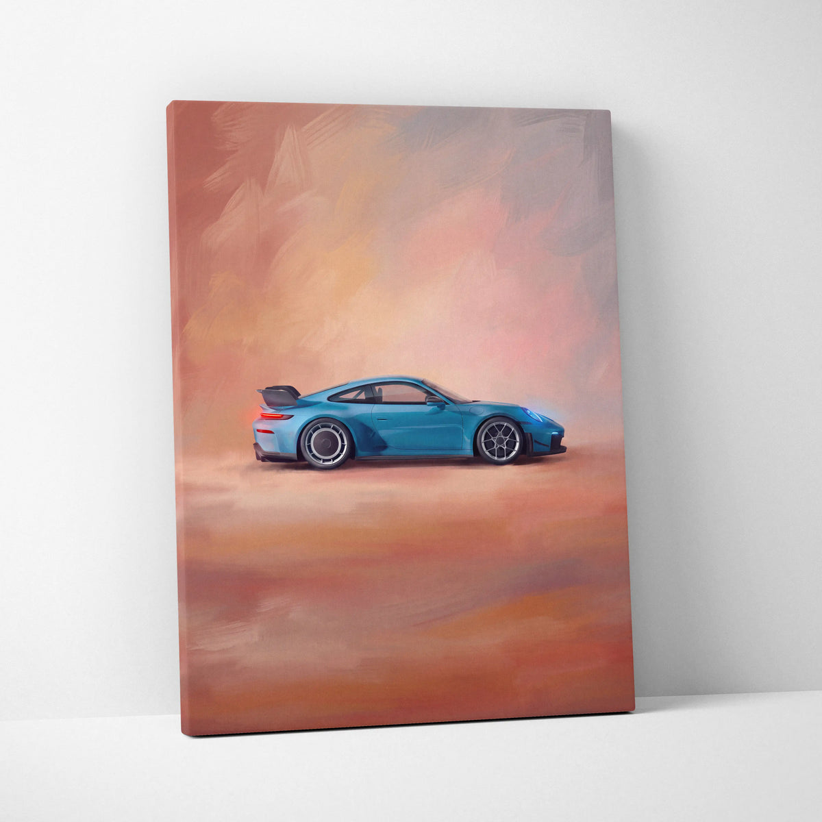 Blue Porsche 911 GT3 RS inspired supercar side profile on warm orange and pink abstract canvas wall art print