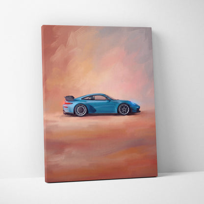 Blue Porsche 911 GT3 RS inspired supercar side profile on warm orange and pink abstract canvas wall art print