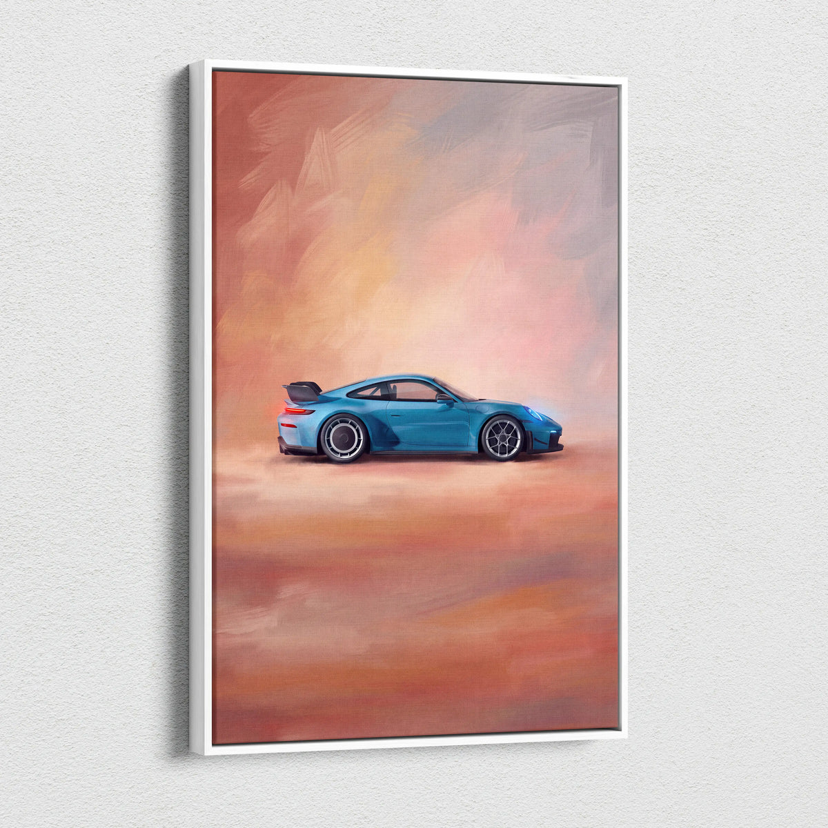 A vibrant blue porsche 911 gt3 rs inspired supercar canvas art print with white frame for custom car wall decor