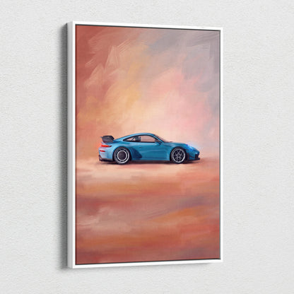 A vibrant blue porsche 911 gt3 rs inspired supercar canvas art print with white frame for custom car wall decor