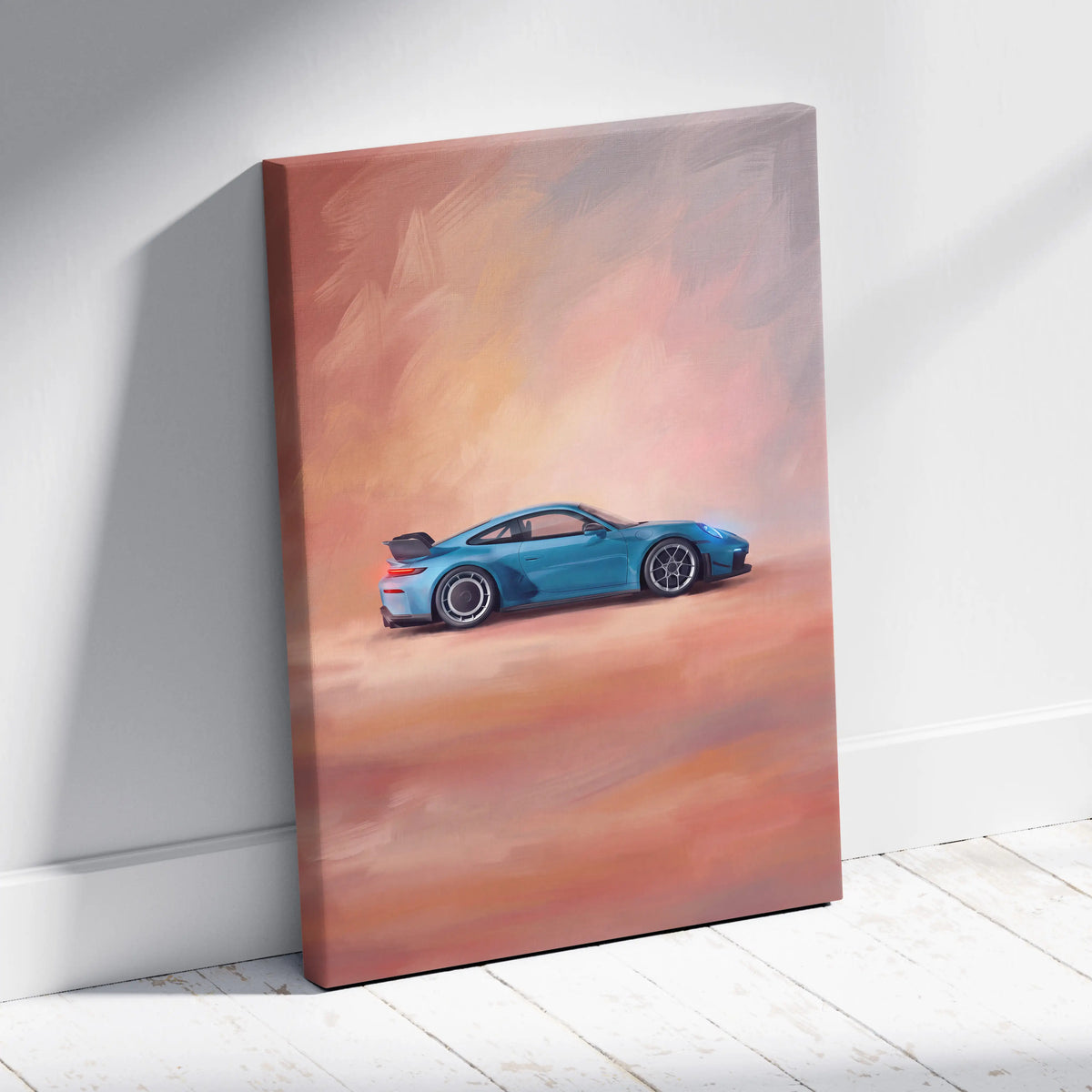 Porsche 911 GT3 RS inspired supercar canvas art featuring a vibrant blue sports car against a peach orange sky