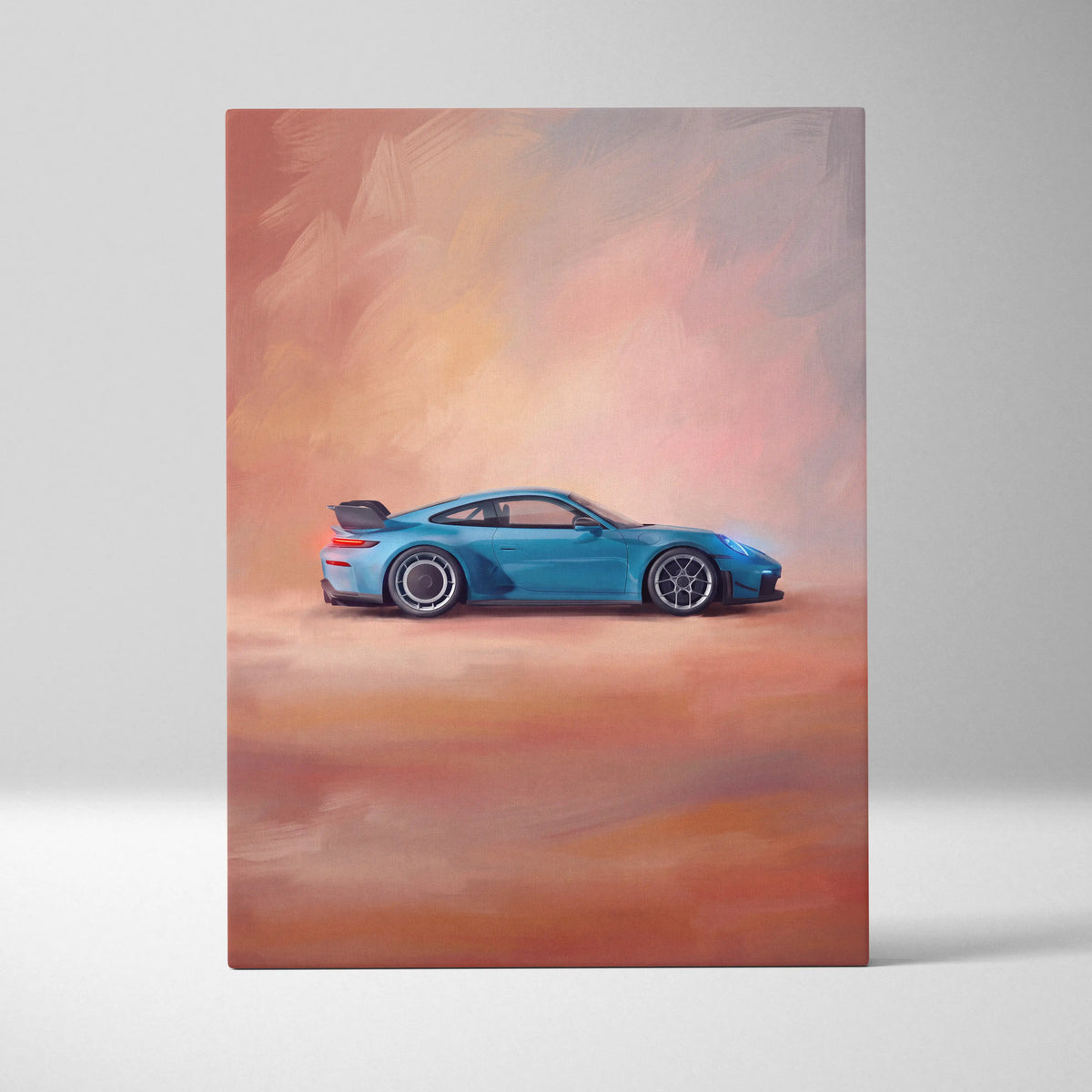 A vibrant blue porsche 911 gt3 rs inspired supercar canvas art print with sleek lines and black alloy wheels