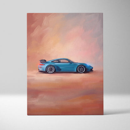 A vibrant blue porsche 911 gt3 rs inspired supercar canvas art print with sleek lines and black alloy wheels