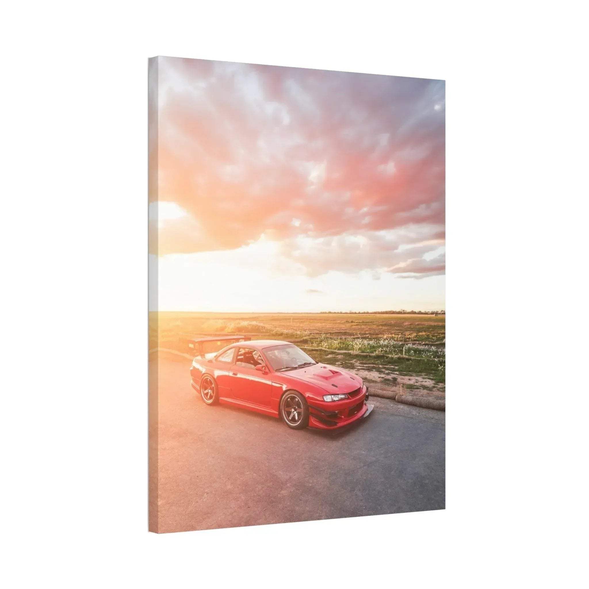 Red Nissan 240sx S14 Kouki car at sunset on canvas wall art with scenic background.