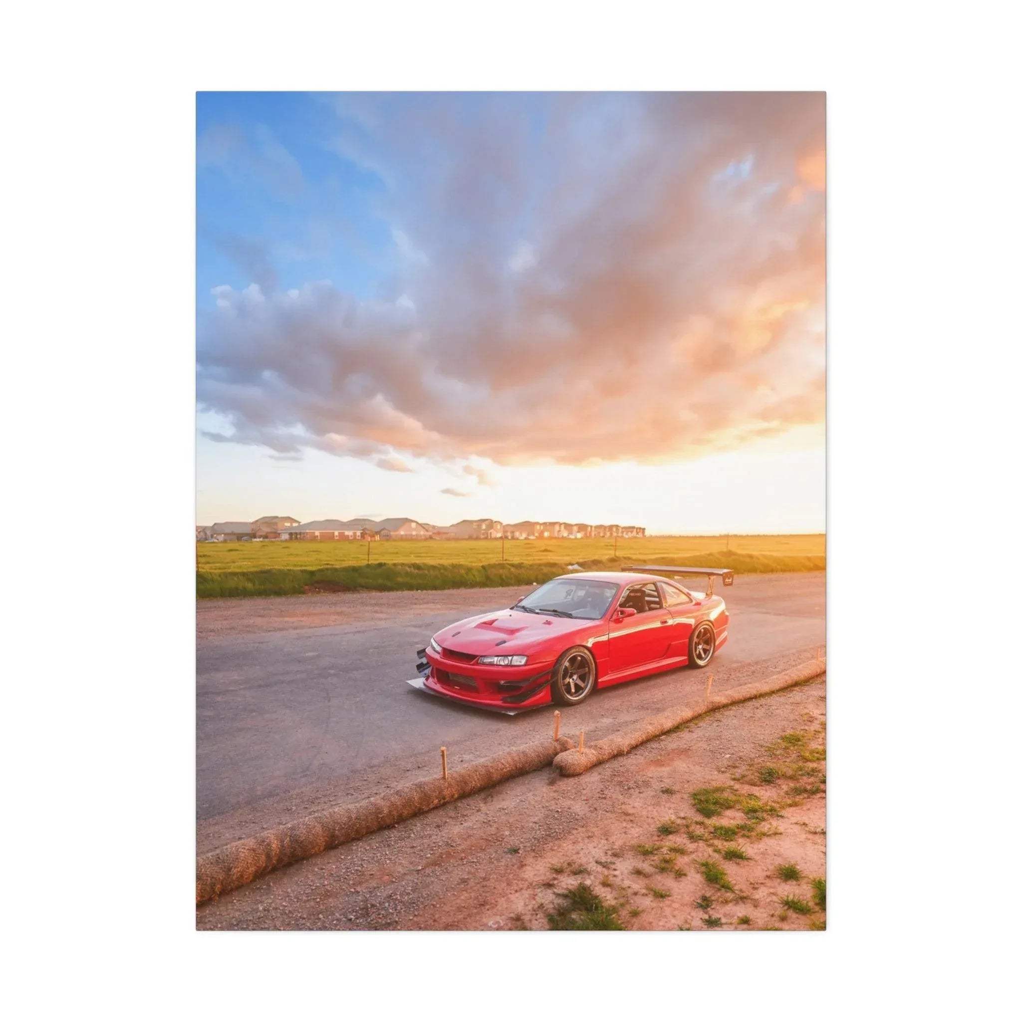 Red Nissan 240sx S14 Kouki on road at sunset canvas wall art, vertical car canvas print.