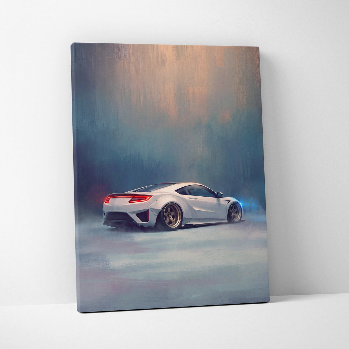 White Honda NSX sports car canvas print with sleek design red taillights and blue smoke effects for wall decor