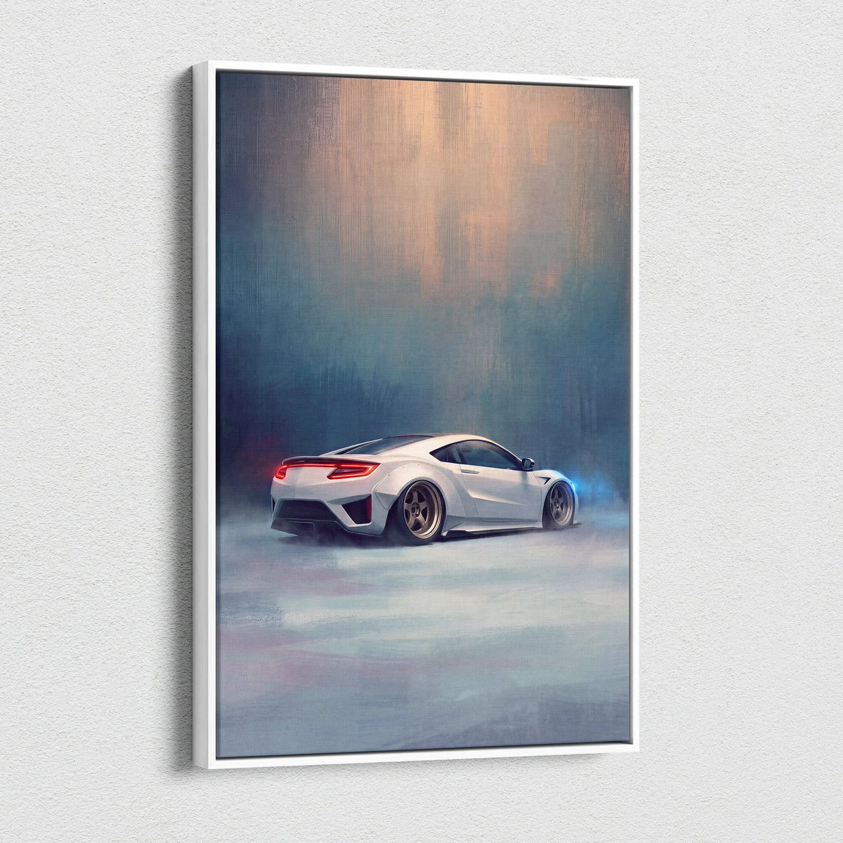 White framed canvas print featuring acura nsx inspired sleek sports car with glowing red taillights and custom alloy wheels