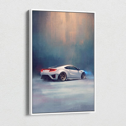 White framed canvas print featuring acura nsx inspired sleek sports car with glowing red taillights and custom alloy wheels