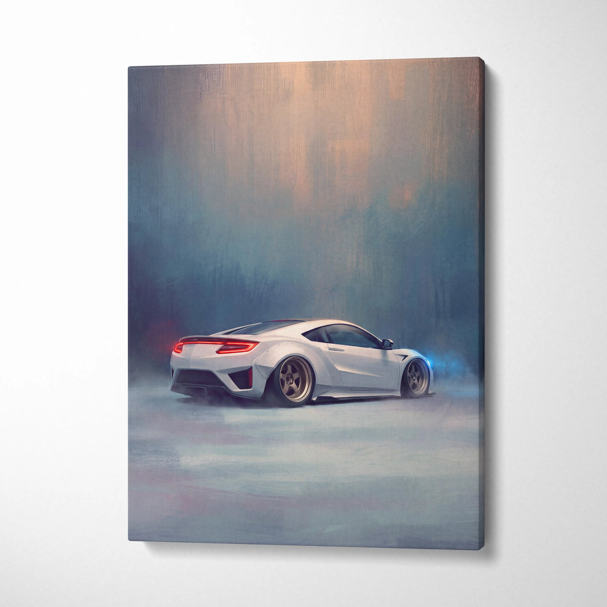 White acura nsx sports car stylized in smoky artwork on canvas premium automotive wall decor