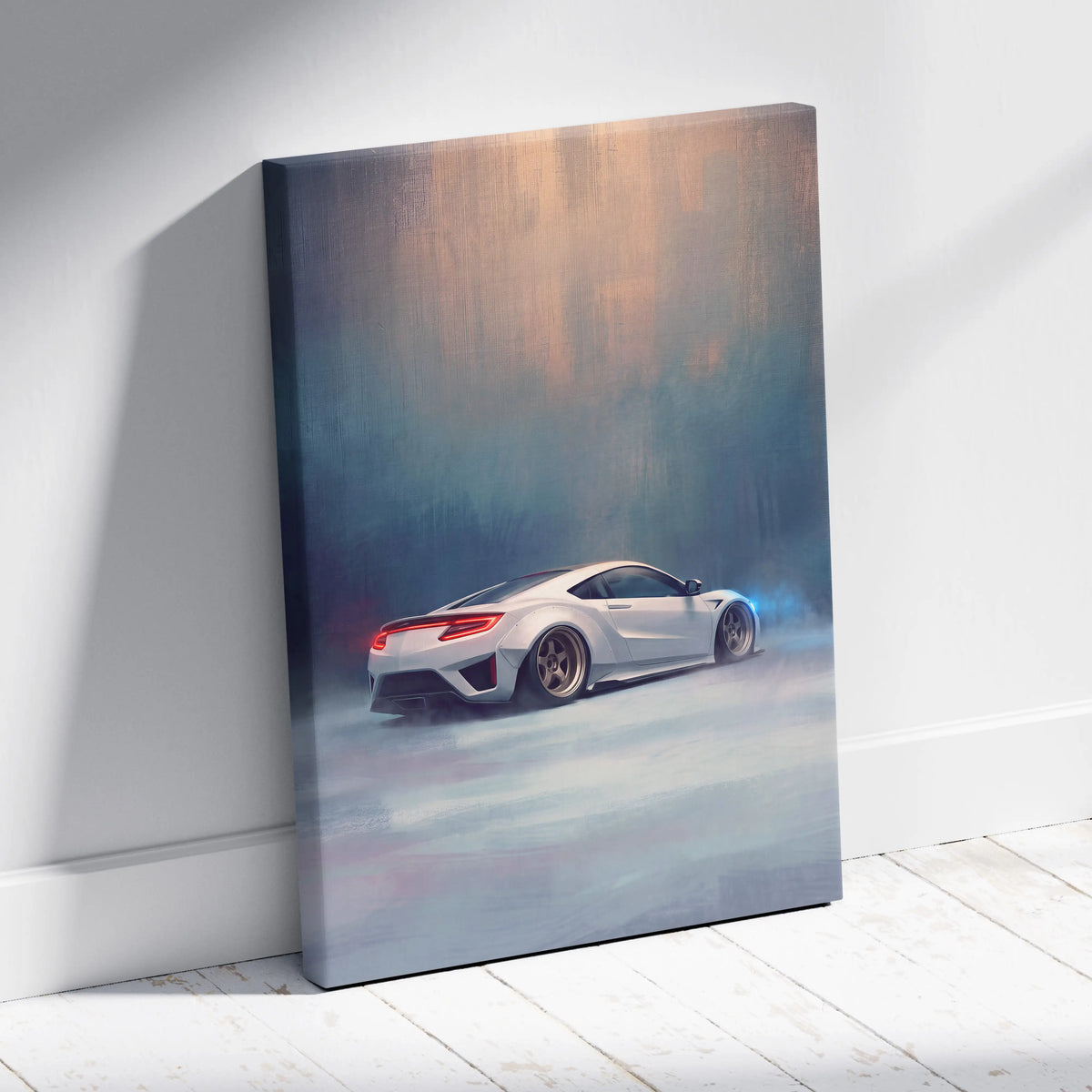Acura NSX inspired white sports car canvas art with glowing red taillights and blue smoke premium wall decor
