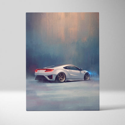 White Acura NSX inspired canvas art with glowing red taillights and blue smoke for premium automotive decor