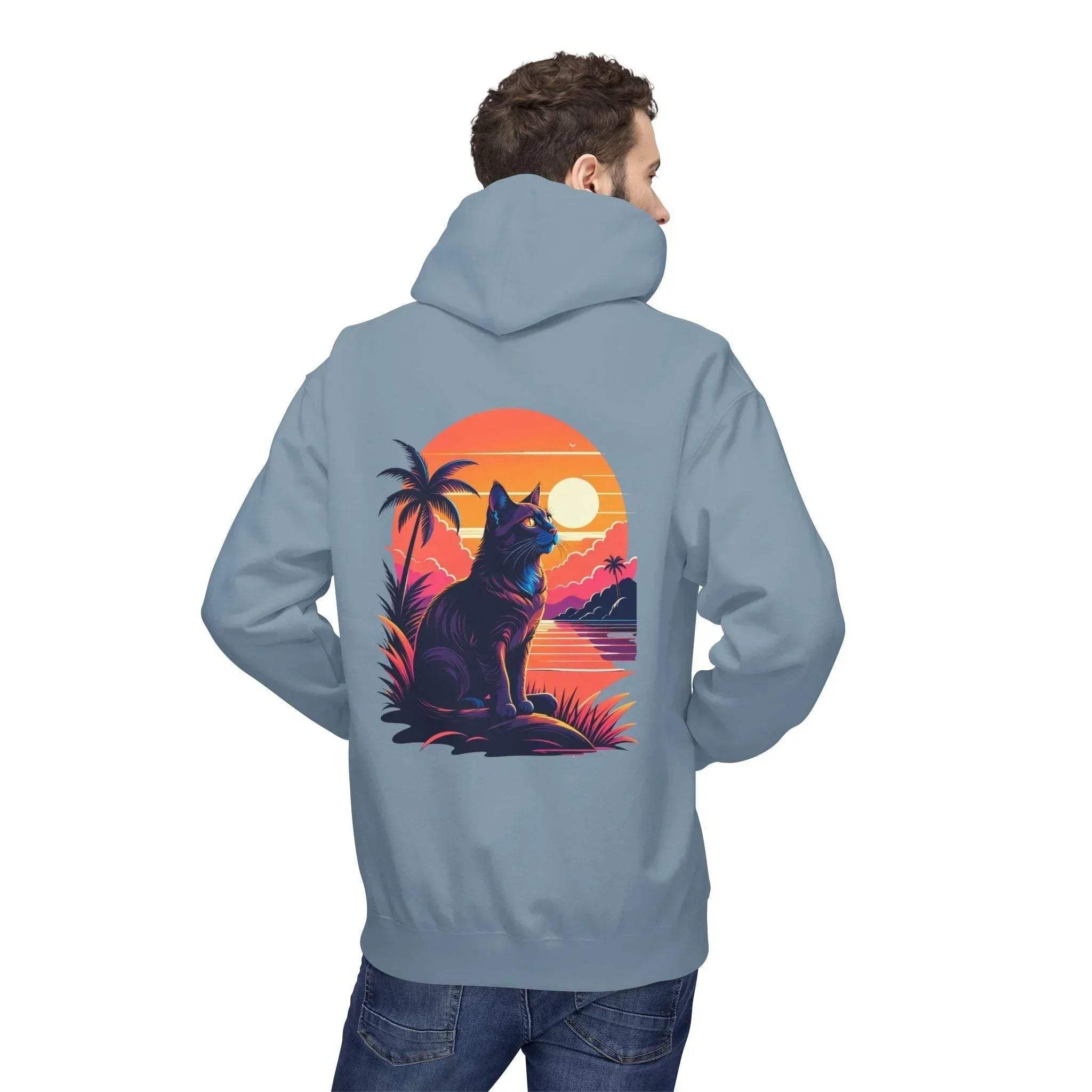 Cozy Cat Lover's Retro Sunset Fleece Hoodie