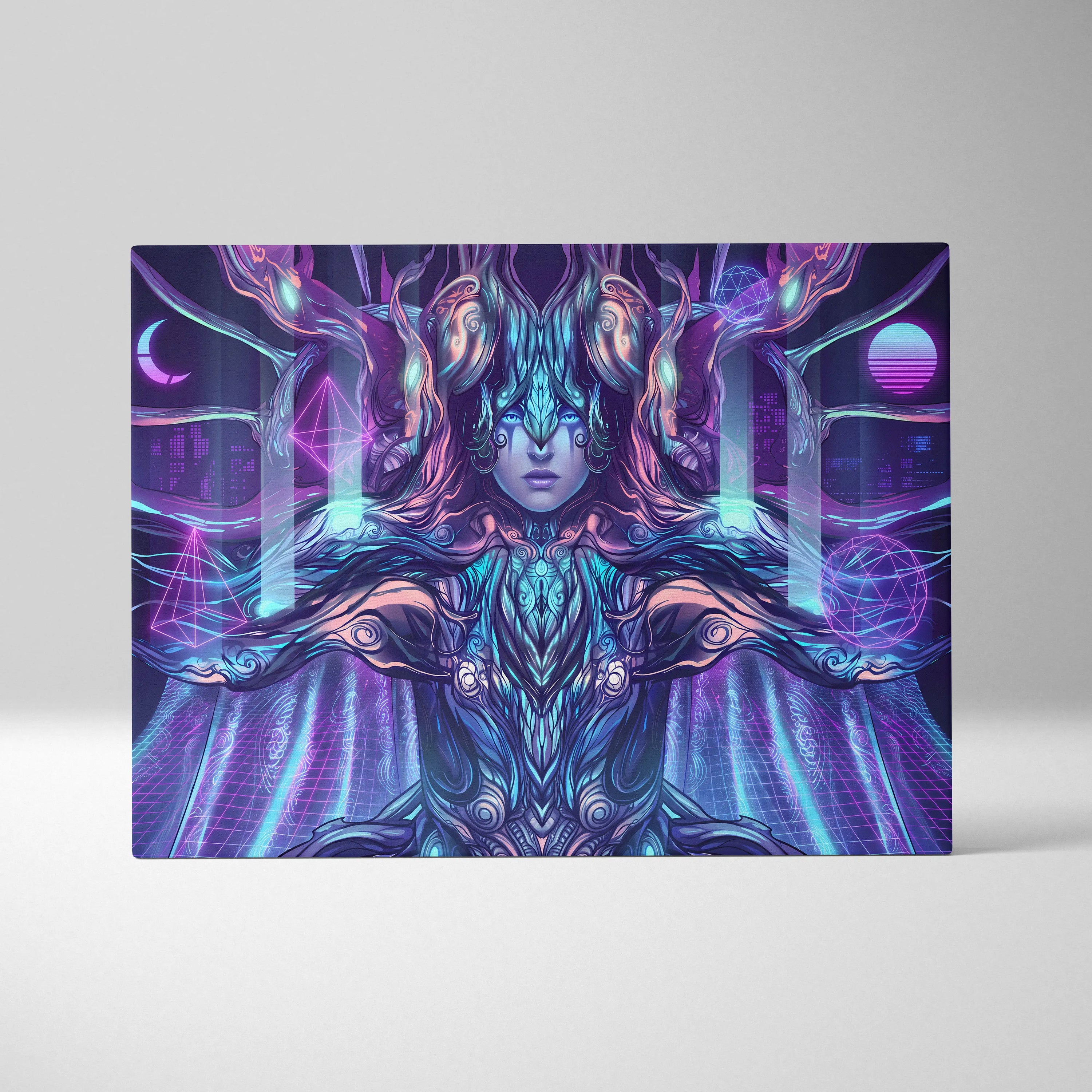 Neon Vaporwave Oracle Canvas - Mystical Goddess Neon Purple Blue Living Room Vaporwave Dreamy Mood Neon Art Canvas Print