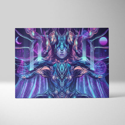 Neon Vaporwave Oracle Canvas - Mystical Goddess Neon Purple Blue Living Room Vaporwave Dreamy Mood Neon Art Canvas Print