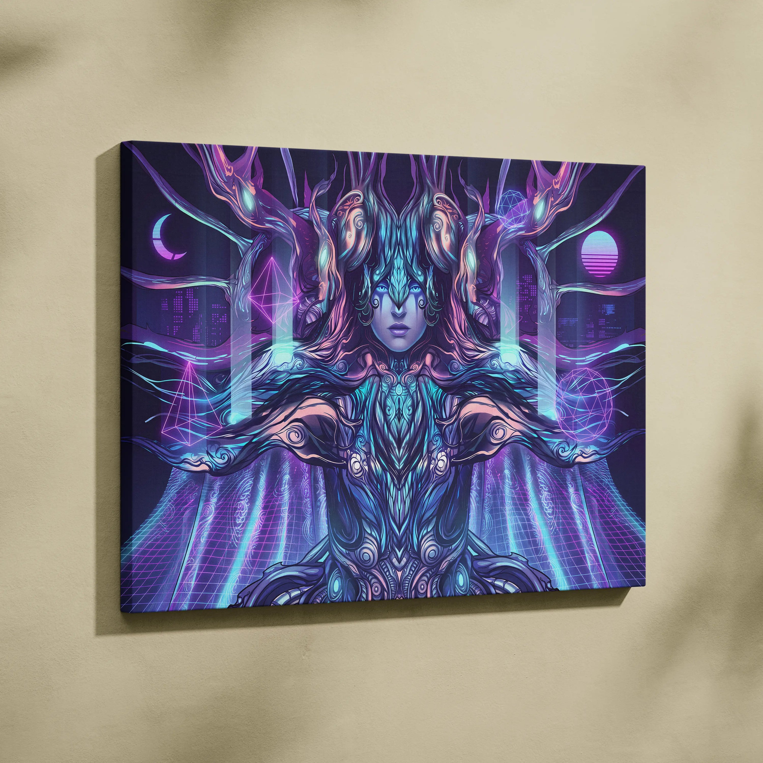 Neon Vaporwave Oracle Canvas - Mystical Goddess Neon Purple Blue Living Room Vaporwave Dreamy Mood Neon Art Canvas Print
