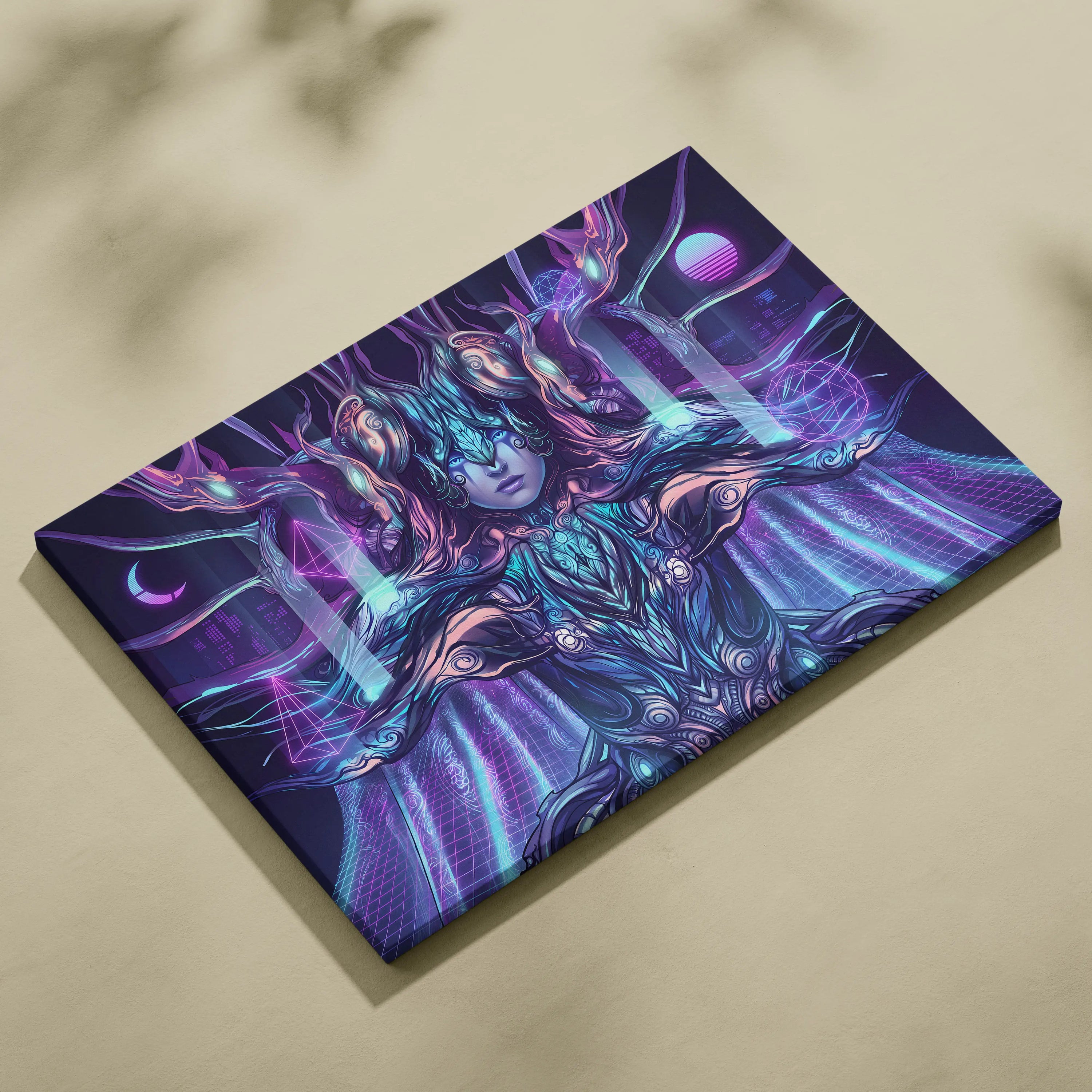 Neon Vaporwave Oracle Canvas - Mystical Goddess Neon Purple Blue Living Room Vaporwave Dreamy Mood Neon Art Canvas Print