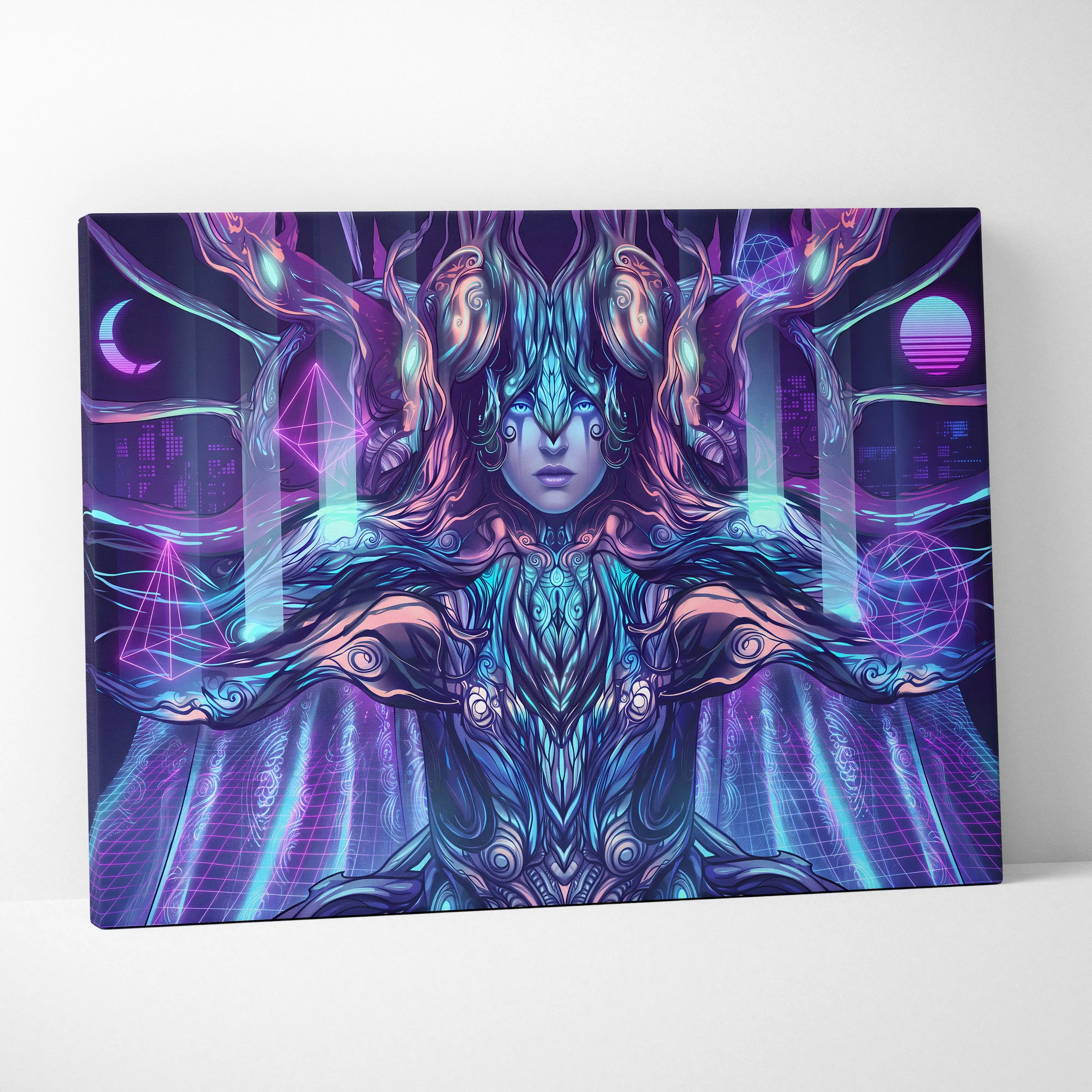 Neon Vaporwave Oracle Canvas - Mystical Goddess Neon Purple Blue Living Room Vaporwave Dreamy Mood Neon Art Canvas Print
