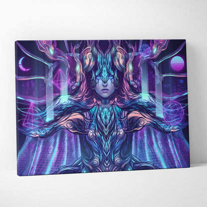 Neon Vaporwave Oracle Canvas - Mystical Goddess Neon Purple Blue Living Room Vaporwave Dreamy Mood Neon Art Canvas Print