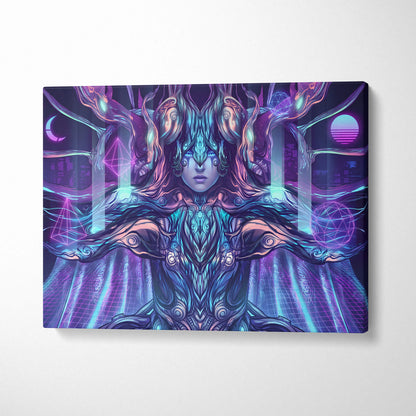 Neon Vaporwave Oracle Canvas - Mystical Goddess Neon Purple Blue Living Room Vaporwave Dreamy Mood Neon Art Canvas Print