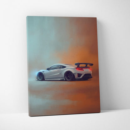 White Acura NSX sports car canvas print with glowing blue and red accents for track edition wall art