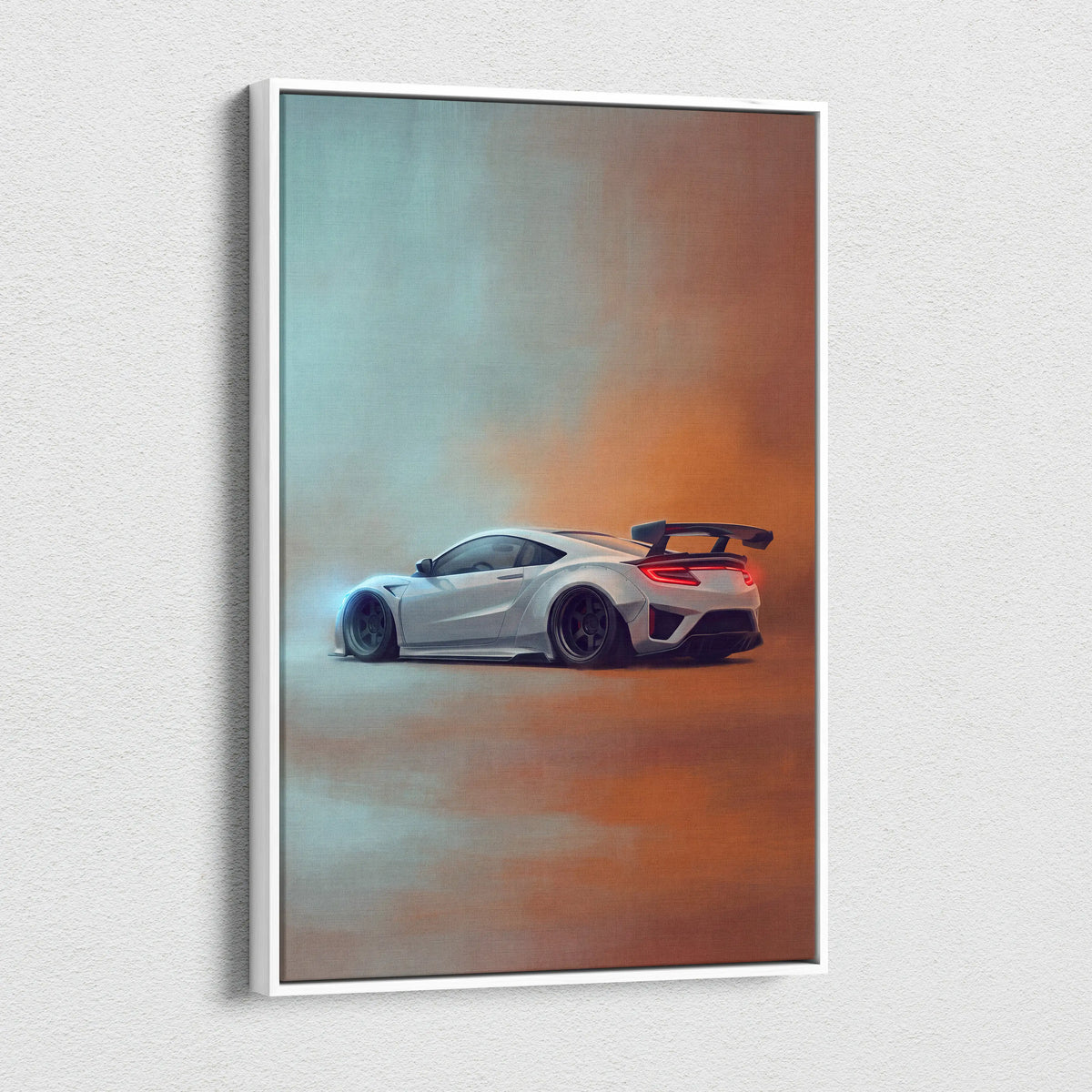 White framed canvas print of a silver acura nsx sports car drifting with orange and blue smoke effects wall art