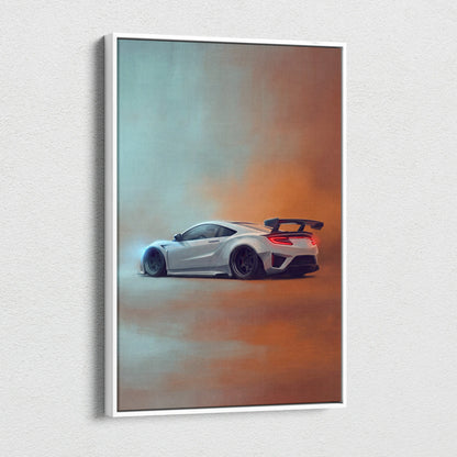 White framed canvas print of a silver acura nsx sports car drifting with orange and blue smoke effects wall art
