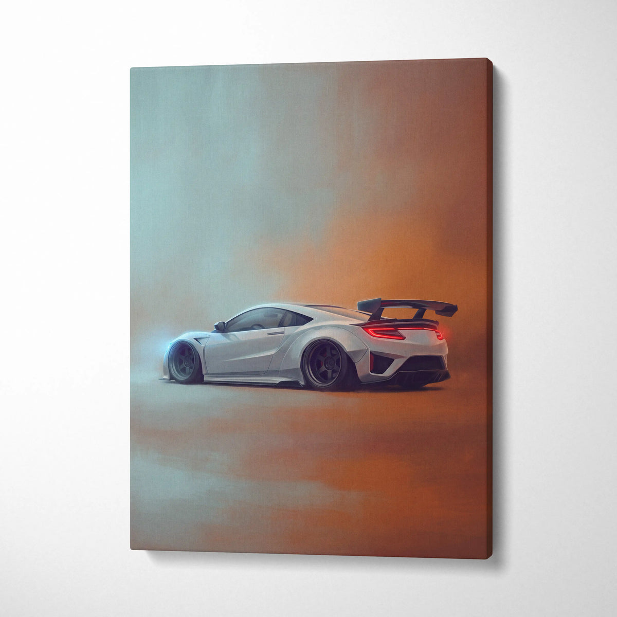 White acura nsx sports car canvas print with glowing red taillights and black rear spoiler track edition wall art
