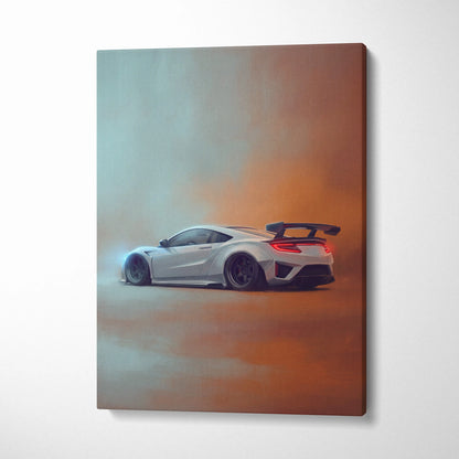 White acura nsx sports car canvas print with glowing red taillights and black rear spoiler track edition wall art