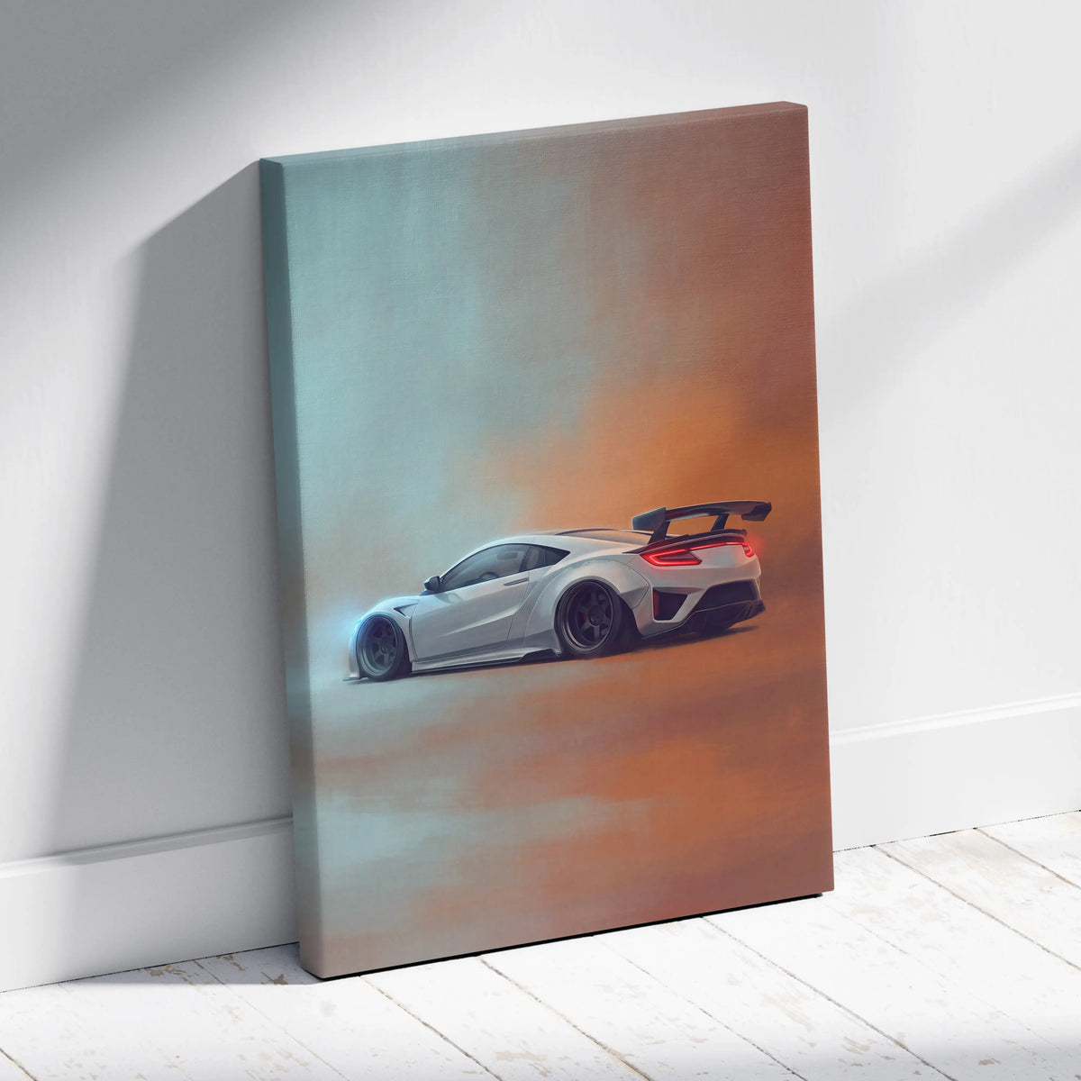 White Acura NSX sports car canvas print with glowing red taillights and rear spoiler in motion against teal to orange sky