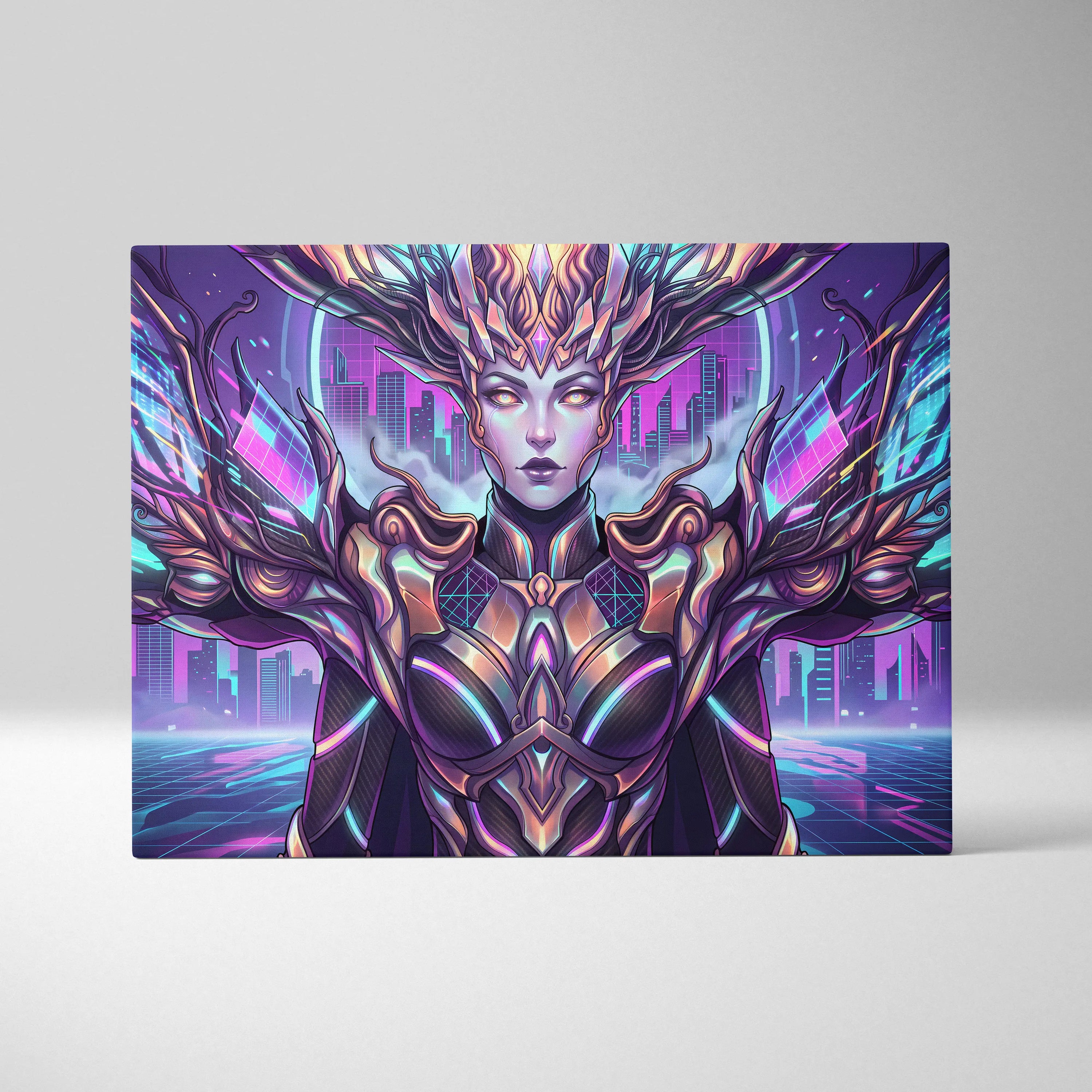 Vaporwave Neon Oracle Portrait - Futuristic Female Portrait Neon Pink LivingRoom Vaporwave Mood Neon Futurism Canvas