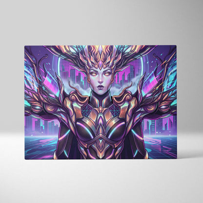 Vaporwave Neon Oracle Portrait - Futuristic Female Portrait Neon Pink LivingRoom Vaporwave Mood Neon Futurism Canvas