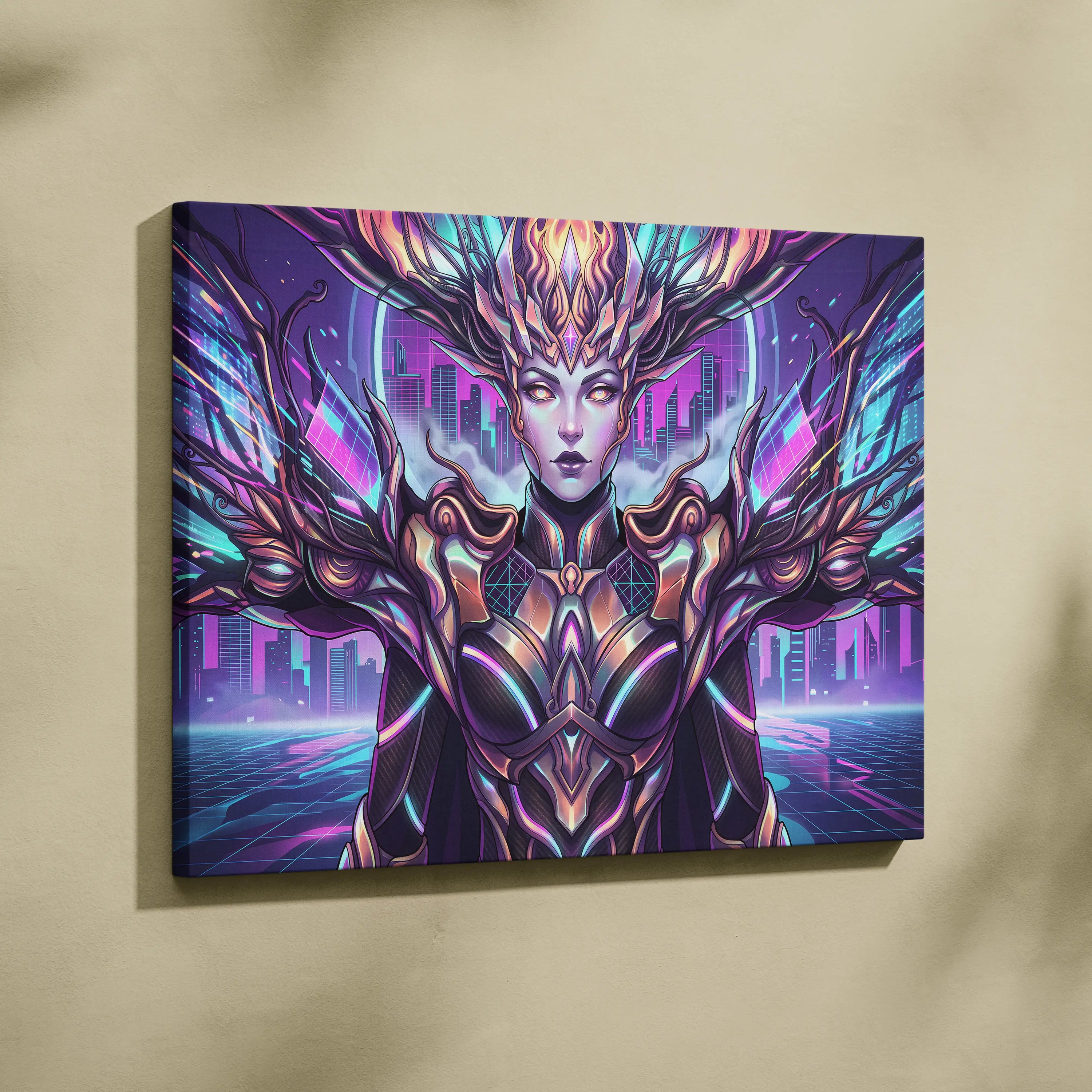 Vaporwave Neon Oracle Portrait - Futuristic Female Portrait Neon Pink LivingRoom Vaporwave Mood Neon Futurism Canvas