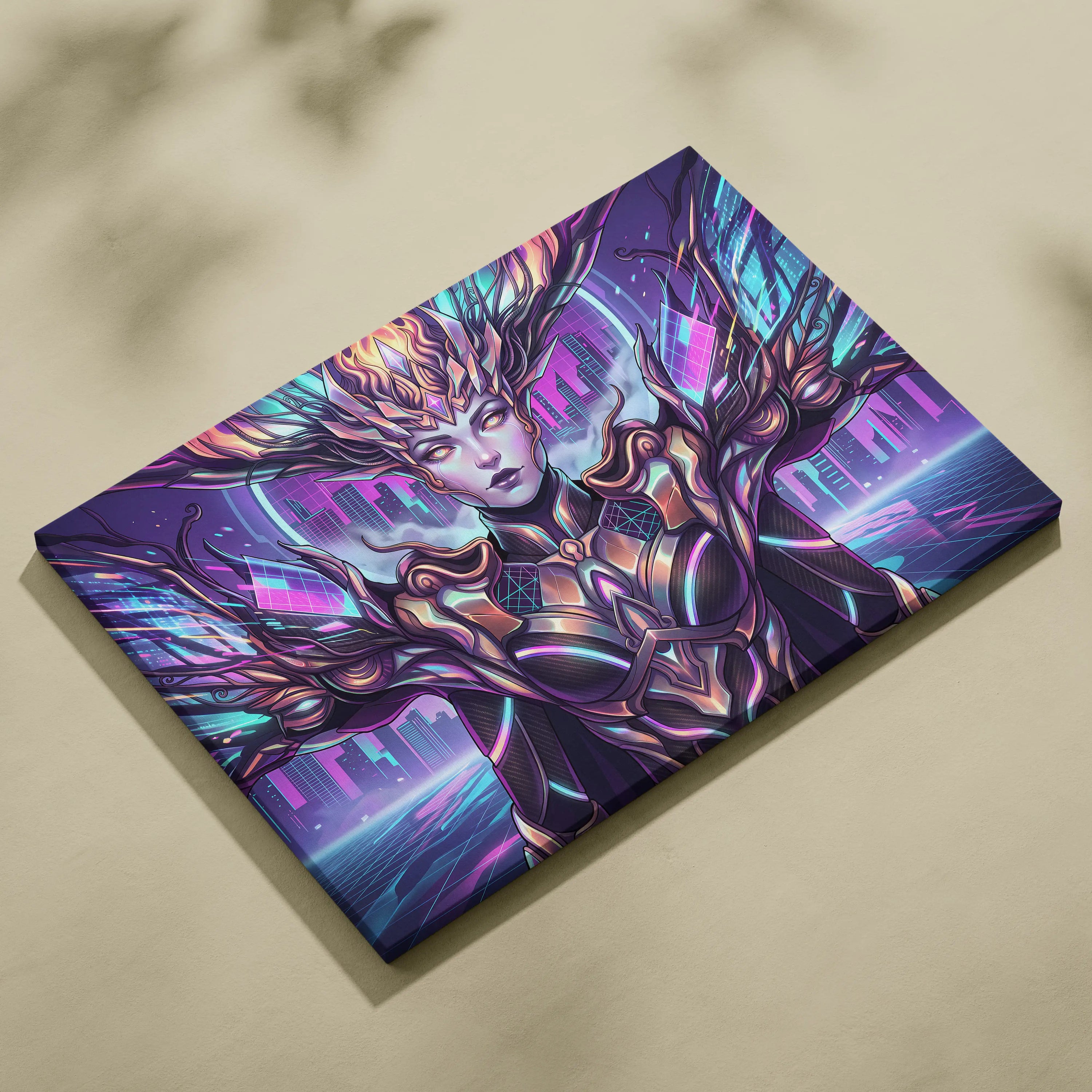 Vaporwave Neon Oracle Portrait - Futuristic Female Portrait Neon Pink LivingRoom Vaporwave Mood Neon Futurism Canvas