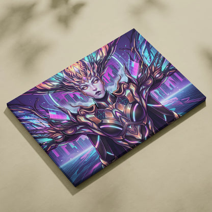 Vaporwave Neon Oracle Portrait - Futuristic Female Portrait Neon Pink LivingRoom Vaporwave Mood Neon Futurism Canvas