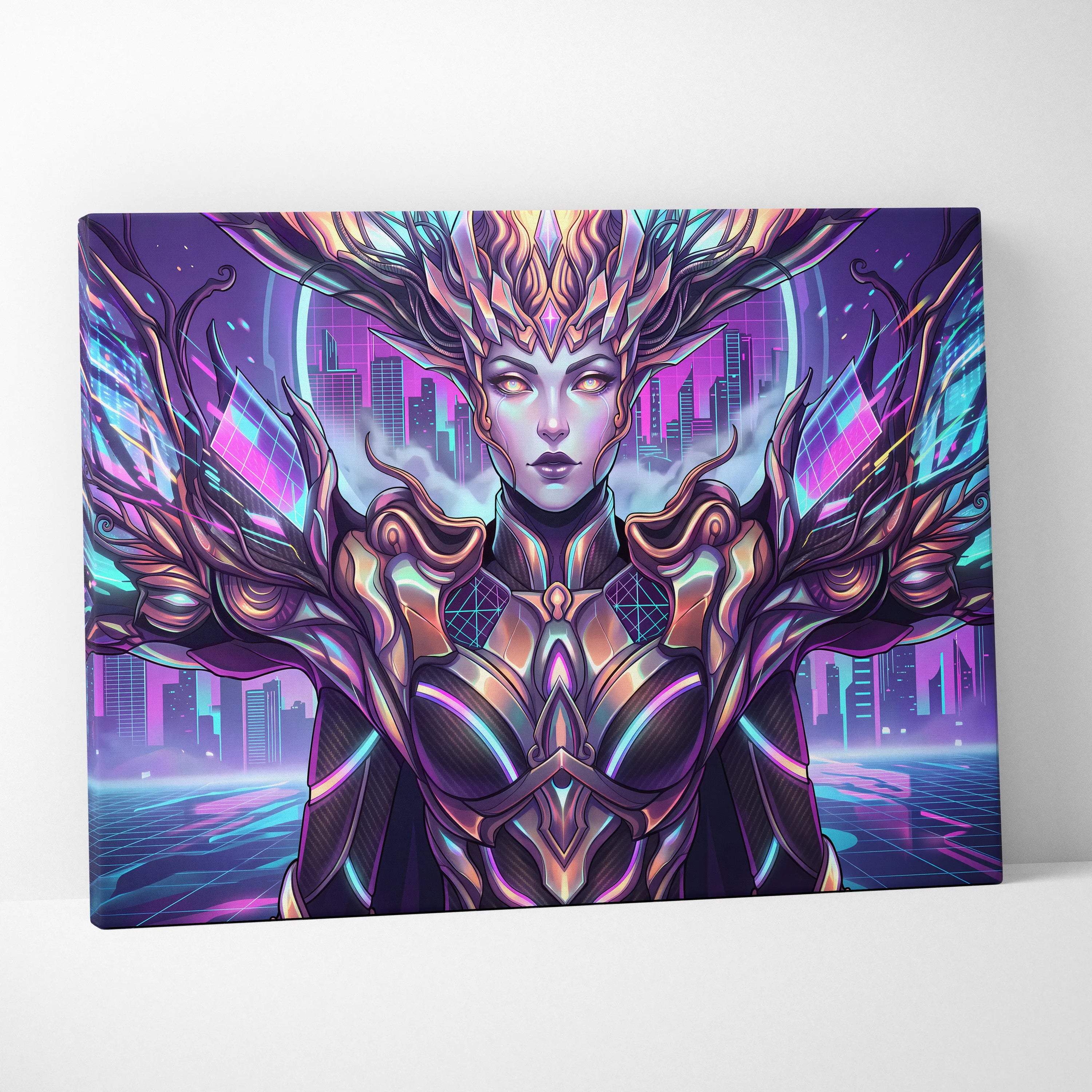 Vaporwave Neon Oracle Portrait - Futuristic Female Portrait Neon Pink LivingRoom Vaporwave Mood Neon Futurism Canvas