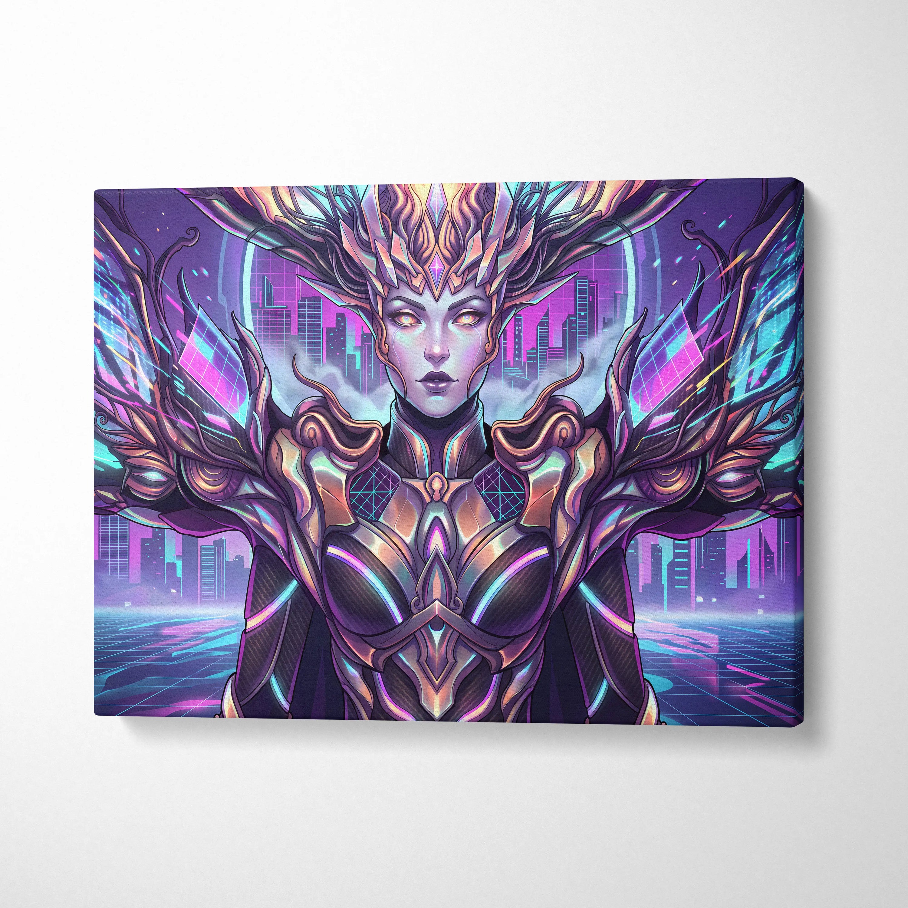 Vaporwave Neon Oracle Portrait - Futuristic Female Portrait Neon Pink LivingRoom Vaporwave Mood Neon Futurism Canvas