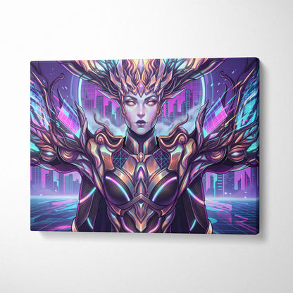 Vaporwave Neon Oracle Portrait - Futuristic Female Portrait Neon Pink LivingRoom Vaporwave Mood Neon Futurism Canvas
