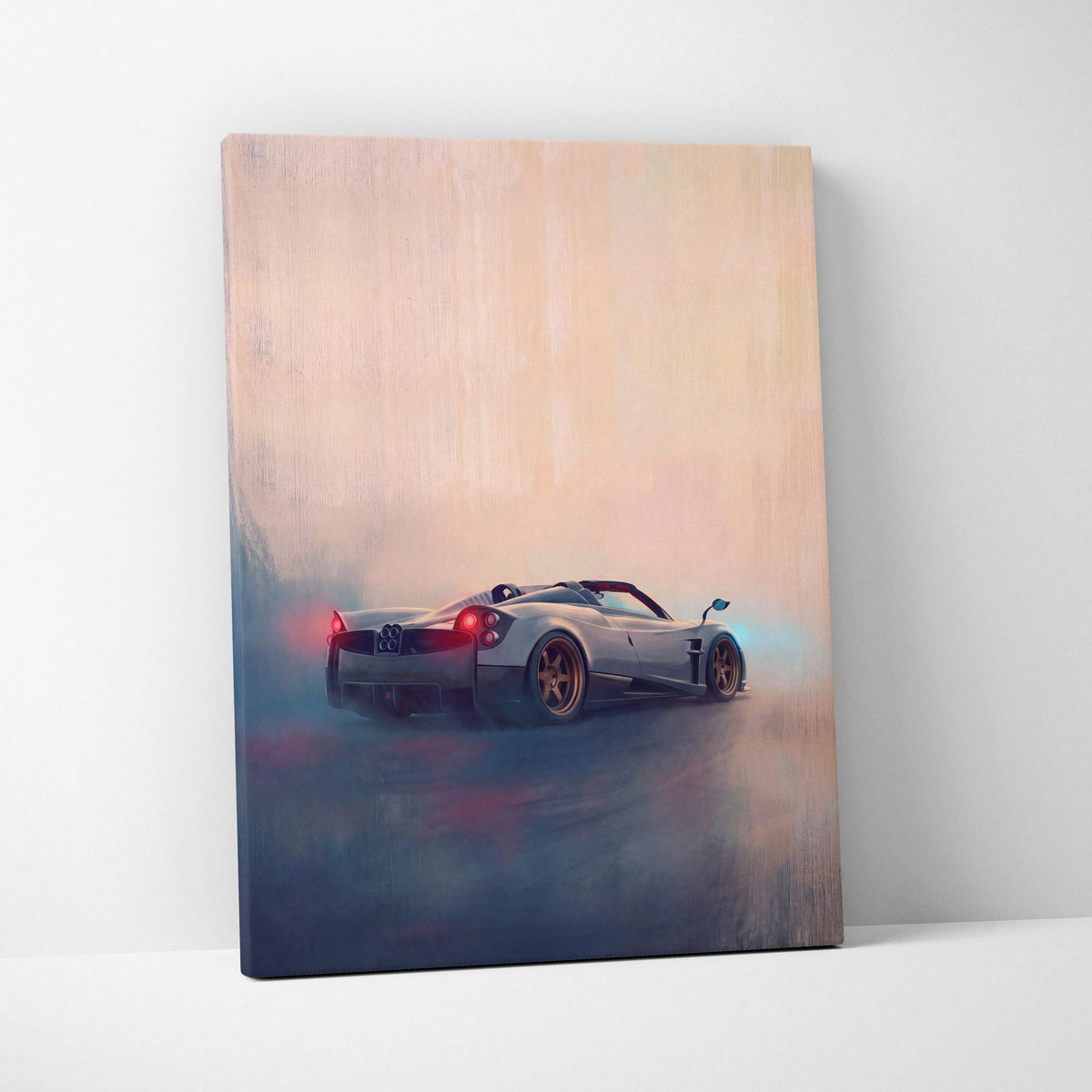 Silver Pagani Huayra BC Roadster inspired luxury supercar canvas print with glowing red taillights and blue ambient lighting