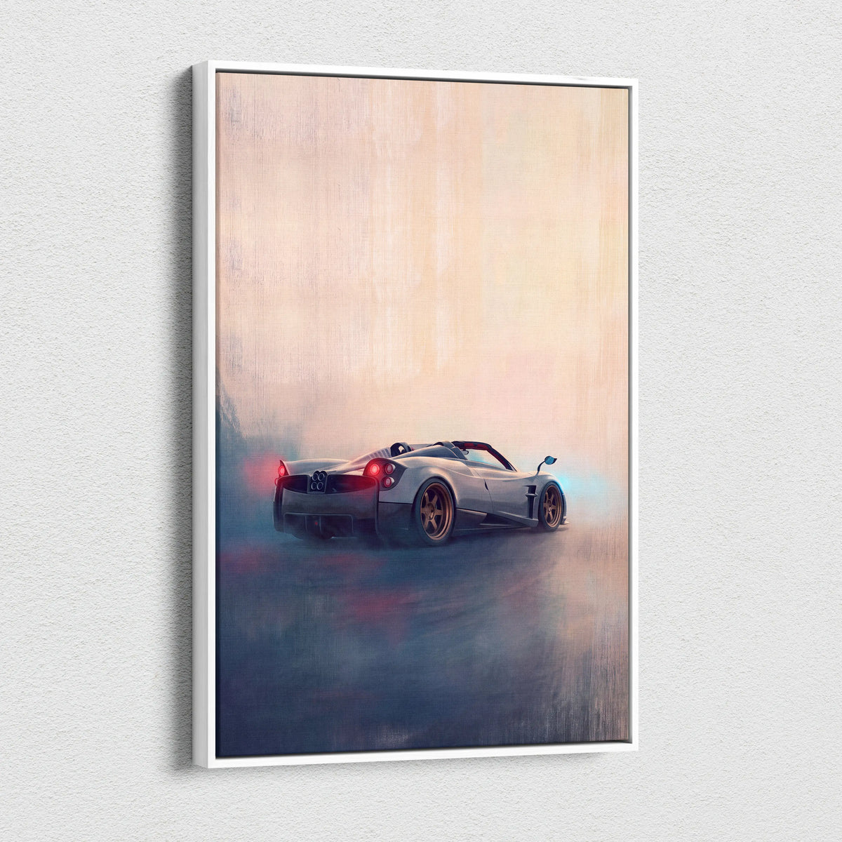Silver pagani huayra roadster sports car with glowing red taillights and gold rims in misty dynamic wall art canvas print