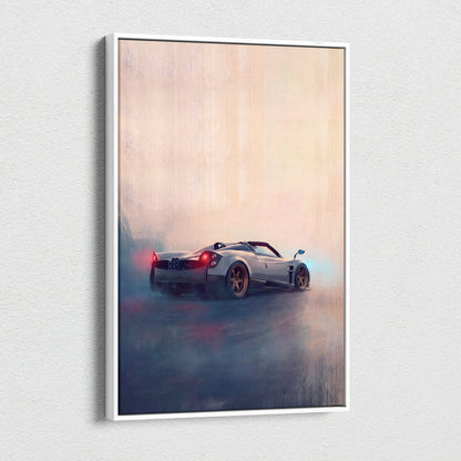Silver pagani huayra roadster sports car with glowing red taillights and gold rims in misty dynamic wall art canvas print
