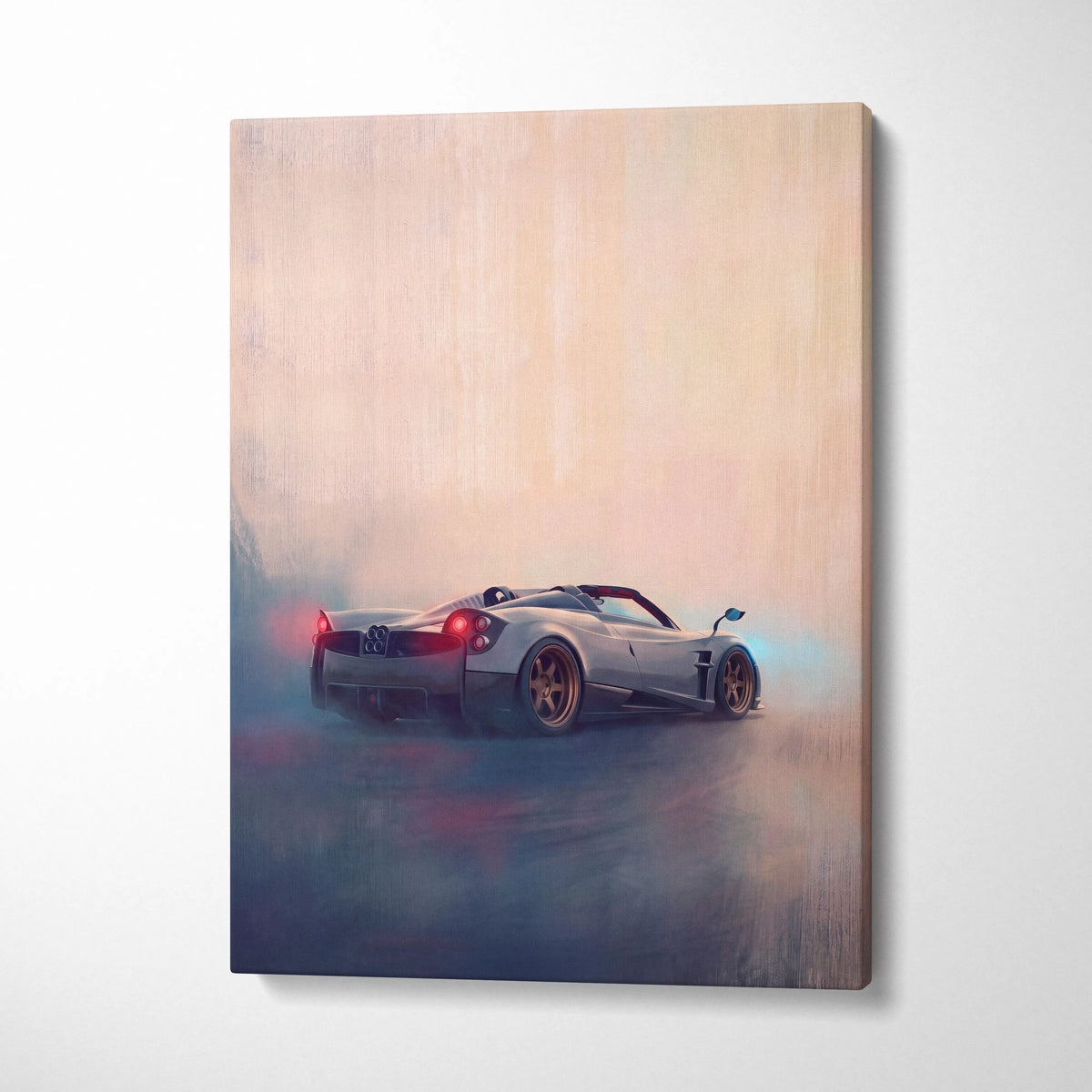 Silver pagani huayra bc roadster canvas print of the back with glowing red taillights and gold rims luxury wall art