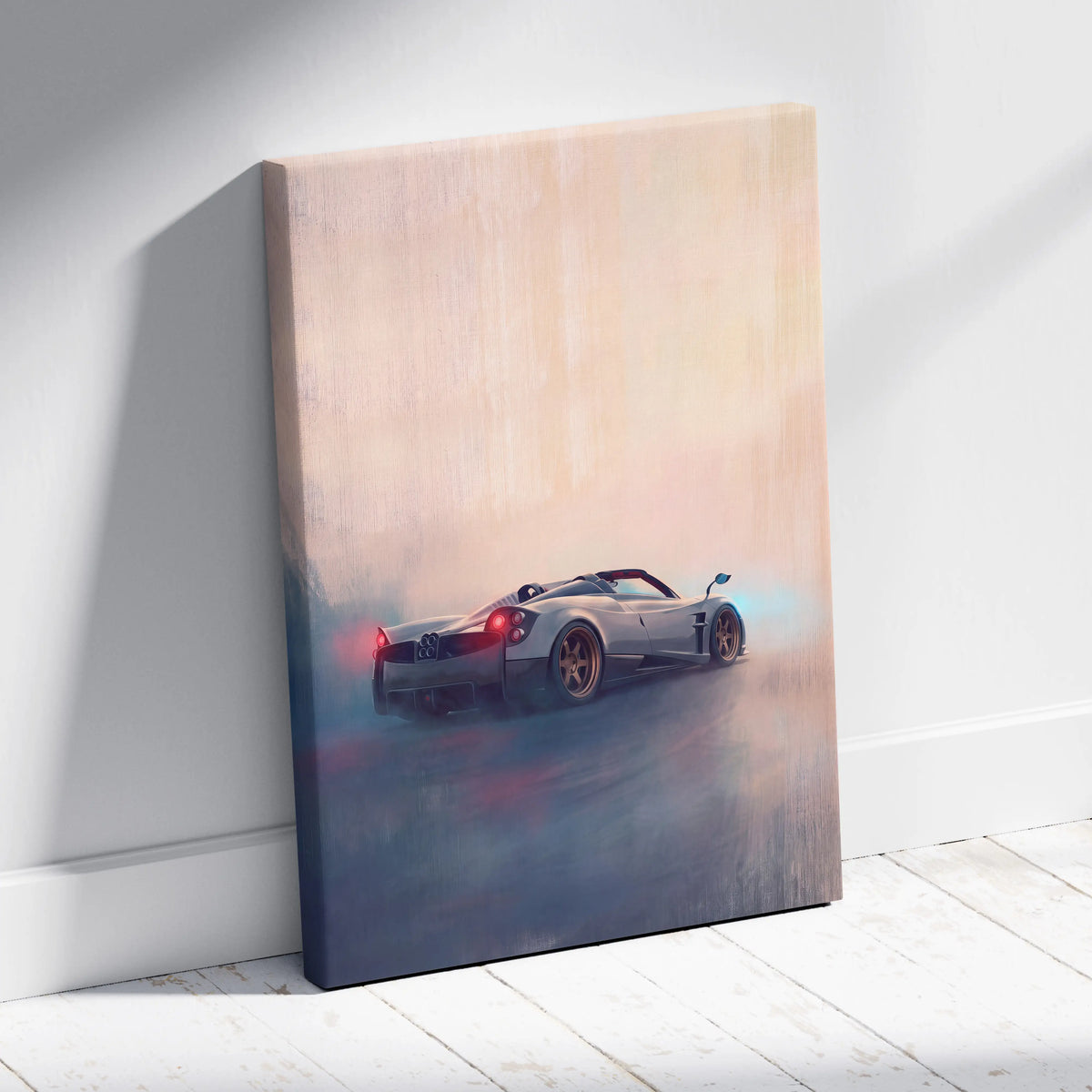 A sleek silver Pagani Huayra BC Roadster dynamic smoky art print on canvas luxury supercar wall art