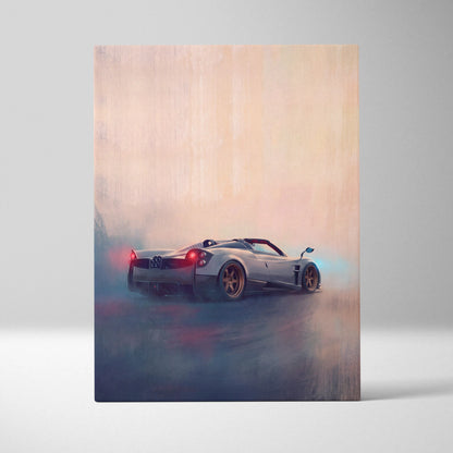 Pagani Huayra BC Roadster inspired automotive wall art featuring a sleek silver supercar with gold rims drifting in mist