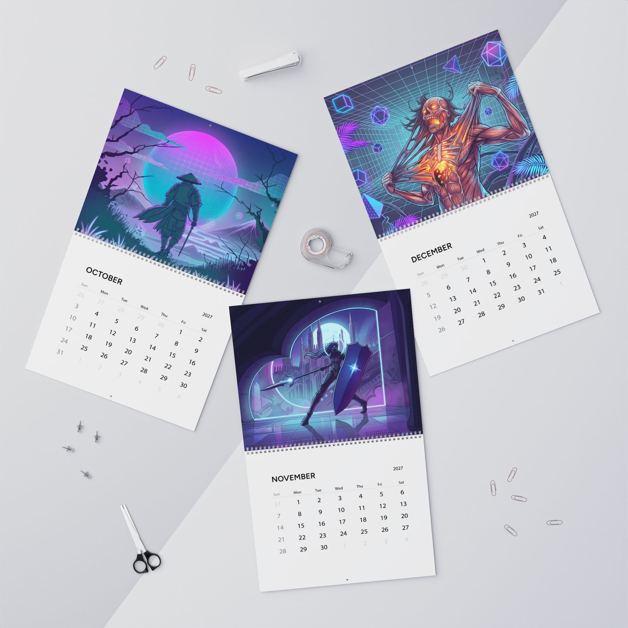 2027 Fantasy Artwork Wall Calendar – Vaporwave Inspired Neon Art Collection