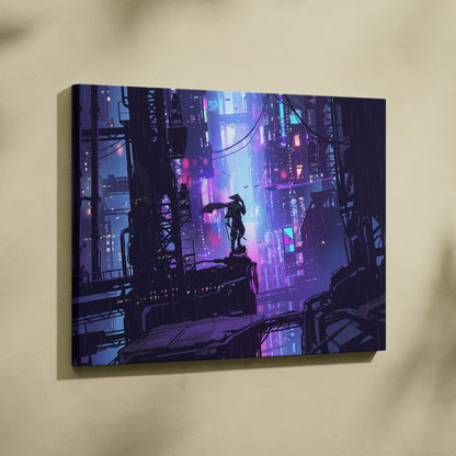 Vaporwave Neon Dream Canvas - Cityscape Neon Purple Pink Blue Living Room Synthwave Canvas Moody Neo Retro Wall Print